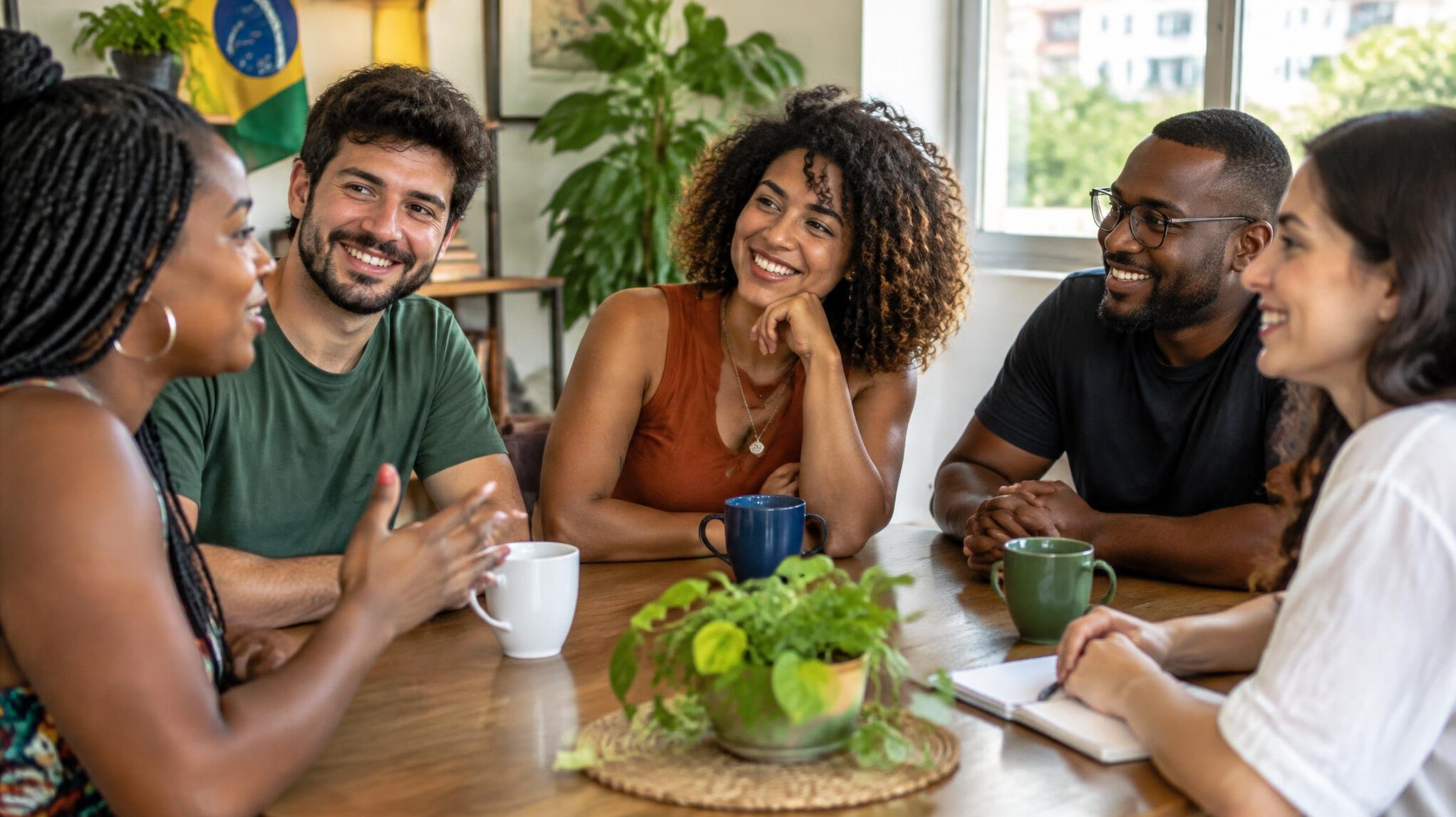 Diverse group of people talking and smiling around a table